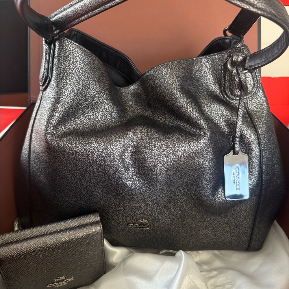 Coach Metallic Black Leather Hobo Bag AND WALLET